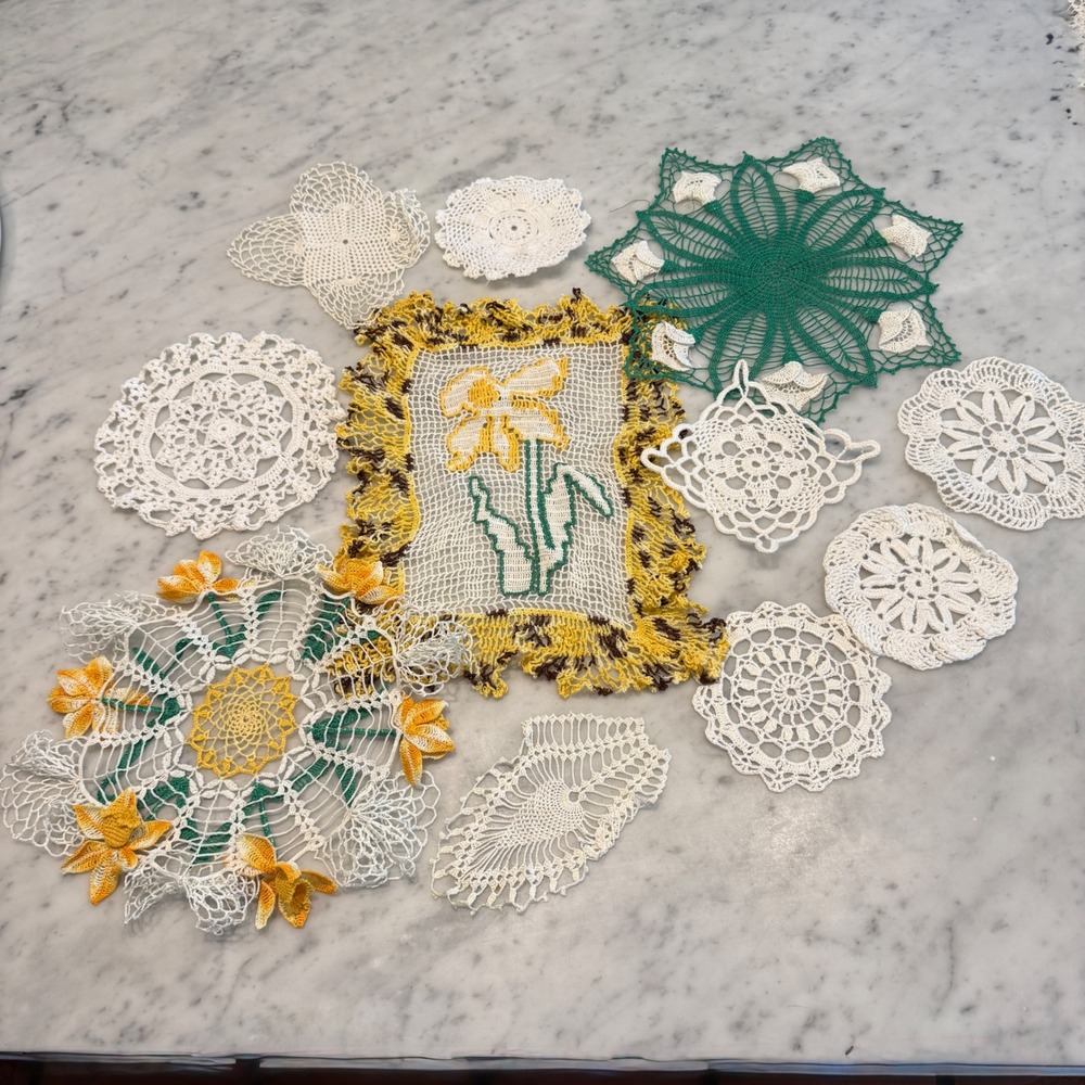 Vintage Handmade Crochet Doily Lot 11pc Floral 3D Green White Yellow Lace Set